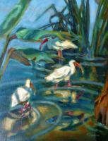 Birds - 3 Ibis Wading - Oil On Canvas