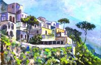 Houses In Positano - Acrylic On Ceramic Tile Paintings - By Rolando Lambiase, Impressionism Painting Artist