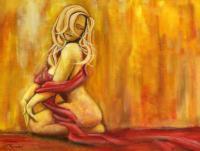 The Red Veil - Acrylic On Canvas Paintings - By Jorge Namerow, Nude Figure Painting Artist