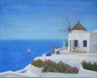 Mill On Santorini Island - Acrylic Paintings - By Anna Senko, Realism Painting Artist