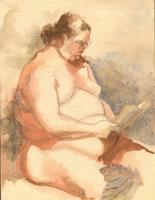 Nude Woman Reading - Watercolor Paintings - By Dave Barazsu, Impressionism Painting Artist