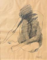 Woman Sitting On Floor - Pencil On Newsprint Drawings - By Dave Barazsu, Impressionism Drawing Artist