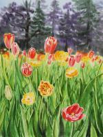 Landscape With Tulip Garden - Watercolor Paintings - By Artist Irina Sztukowski, Realism Painting Artist