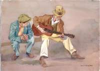 He Can Sure Play That Guitar - Watercolor Paintings - By Madelaine Boothby, Realism Painting Artist