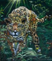 Jaguar In The Jungle - Oil Colour On Velvet Paintings - By Claudia Luethi Alias Abdelghafar, Realistic Painting Artist